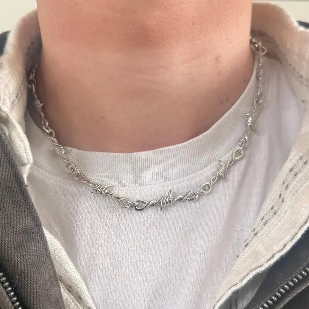 Y2K Grey and Silver Barbed Wire Chain Necklace